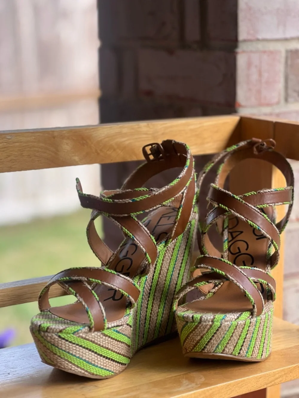 Kelsi Dagger Brown Leather & Neon Green Striped Wedge Sandals
